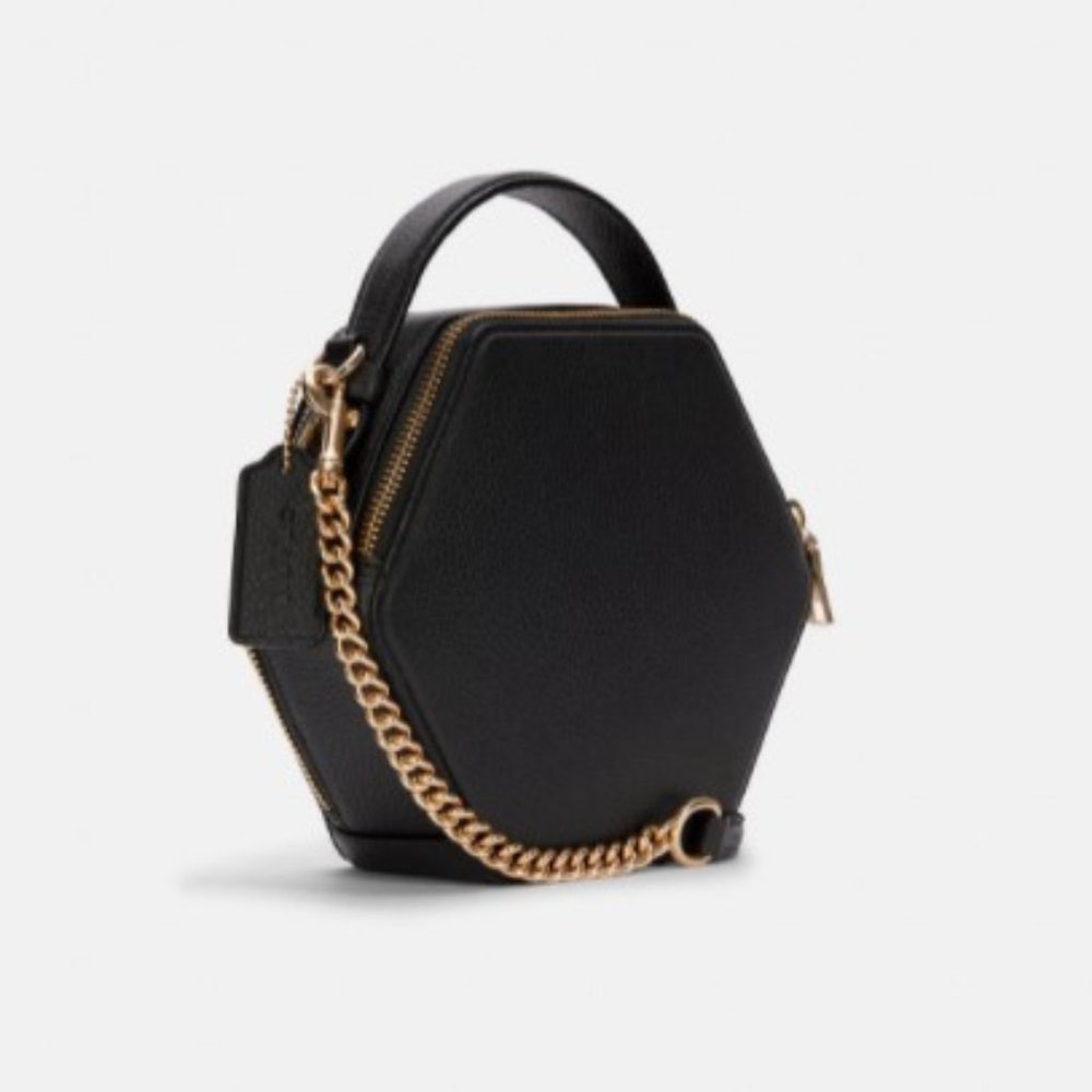 Coach Black Leather Hexagonal Crossbody Purse Geometric Modern - Picture 2 of 8